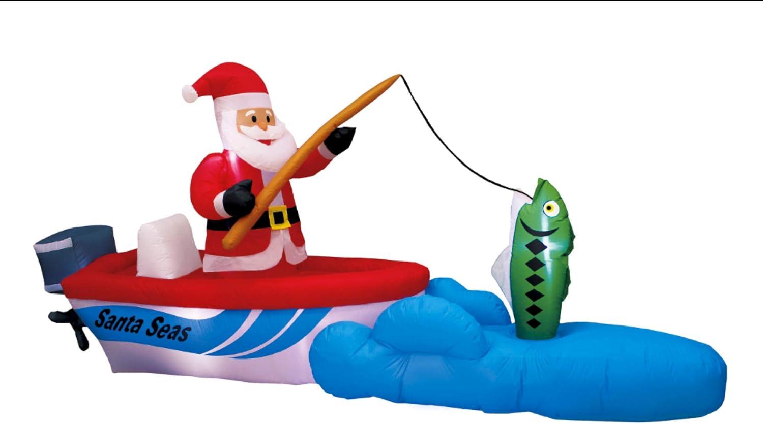 Fish Yard Inflatables Holiday Times 11ft Wide Santa Seas Fishing Santa Yard Inflatable A ...